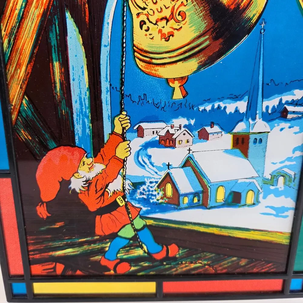 Vintage Faux Stained Glass Christmas Elf Ringing Bell Window Panel Suncatcher